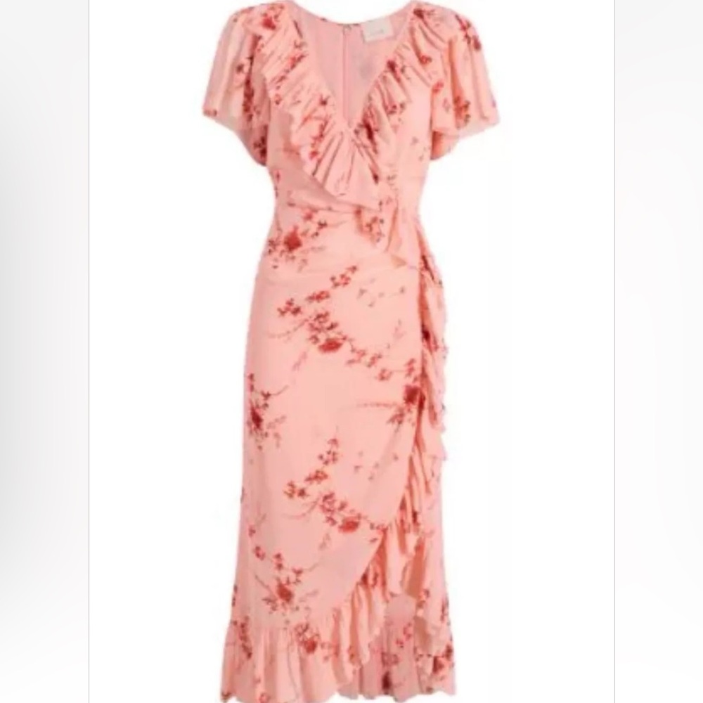 Cinq a Sept Fleur Sheila Faux Wrap dress. pale roseFloral Pink Ruffle Wrap Dress - Picture 12 of 15